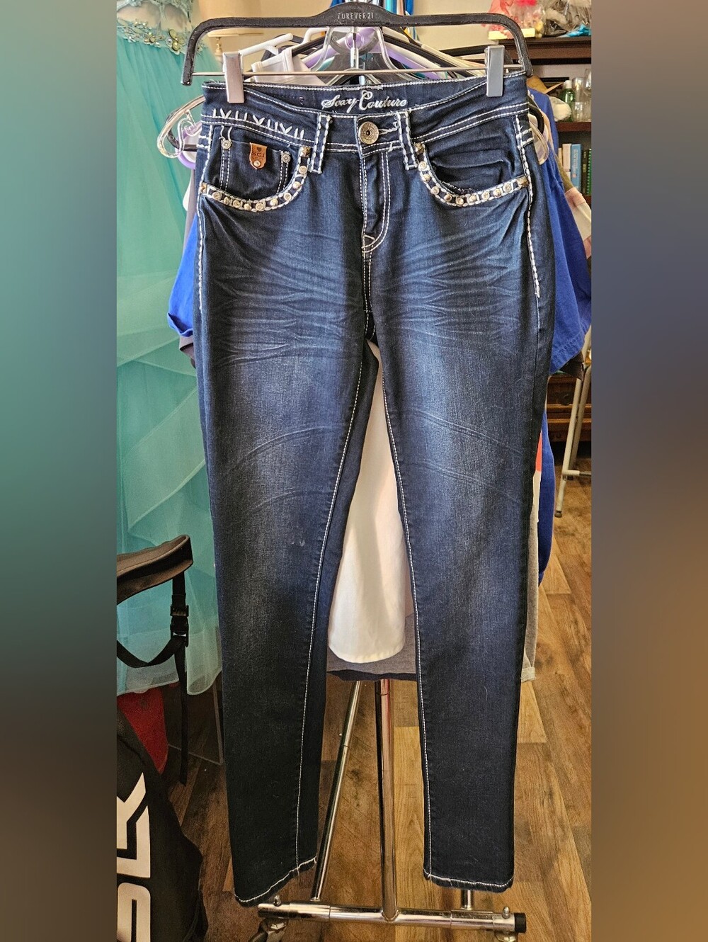 Dark Blue Skinny Jeans with Embellished Trim